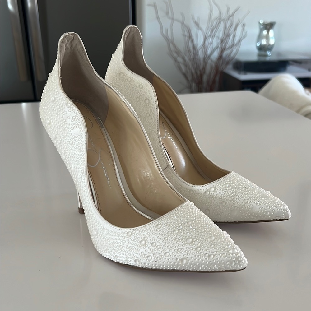 Elegant White Beaded Women's Heels